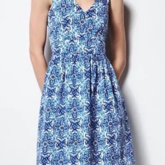 Milly dress 10 fit and flare skater blue white floral paisley pockets Zipper - Picture 15 of 16
